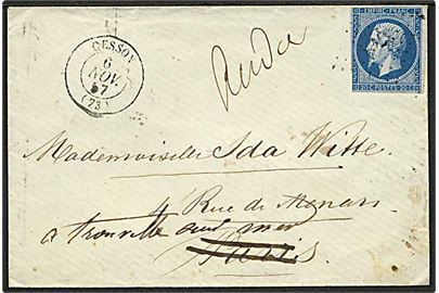20 c. Napoleon III utakket på brev annulleret med nr.stempel 3765 og sidestemplet Cesson d. 6.11.1857 til Paris - eftersendt til Trouville sur Mer.