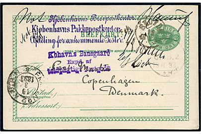 5 öre helsagsbrevkort fra Sköfde d. 19.8.1893 til Postmesteren i København, Danmark. Anmodning om at stoppe eftersendelse af post med stempler fra både Brevpostkontoret og Pakkepostkontoret.
