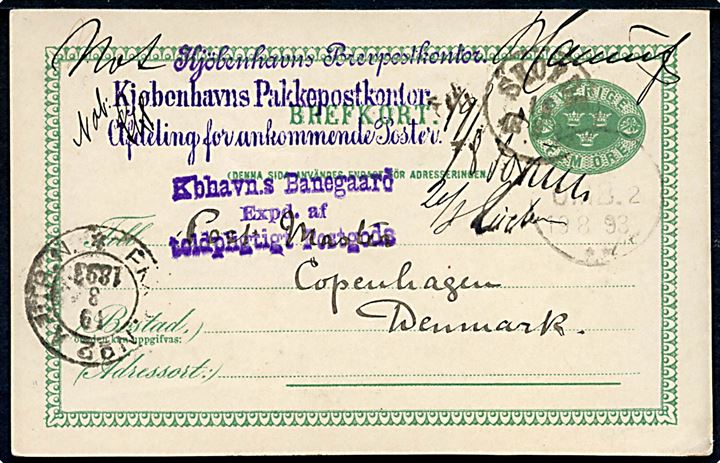 5 öre helsagsbrevkort fra Sköfde d. 19.8.1893 til Postmesteren i København, Danmark. Anmodning om at stoppe eftersendelse af post med stempler fra både Brevpostkontoret og Pakkepostkontoret.