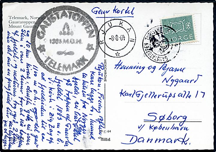 35 øre Knob på brevkort annulleret med kronet posthorn-stempel Gaustatoppen Turisthytte og sidestemplet Rjukan d. 8.8.1964 til Søborg, Danmark.