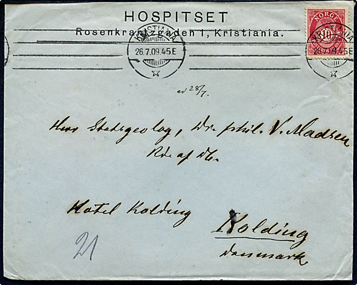 10 øre Posthorn på brev fra Kristiania d. 26.7.1909 til Statsgeolog Dr. Phil. V. Madsen, Ridder af Dannebrog, i Kolding, Danmark.