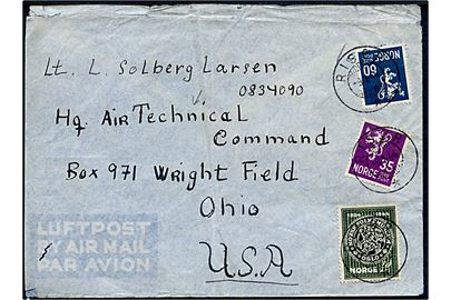 10 øre Folkmuseum, 35 øre og 60 øre Løve på luftpostbrev fra Risør d. 9.1.1946 til norsk officer i amerikansk tjeneste, Lt. L. Solberg Larsen, ved Hq Air Technical Command, Wright Field, Ohio, USA