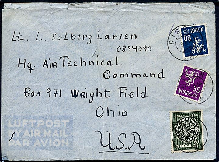 10 øre Folkmuseum, 35 øre og 60 øre Løve på luftpostbrev fra Risør d. 9.1.1946 til norsk officer i amerikansk tjeneste, Lt. L. Solberg Larsen, ved Hq Air Technical Command, Wright Field, Ohio, USA