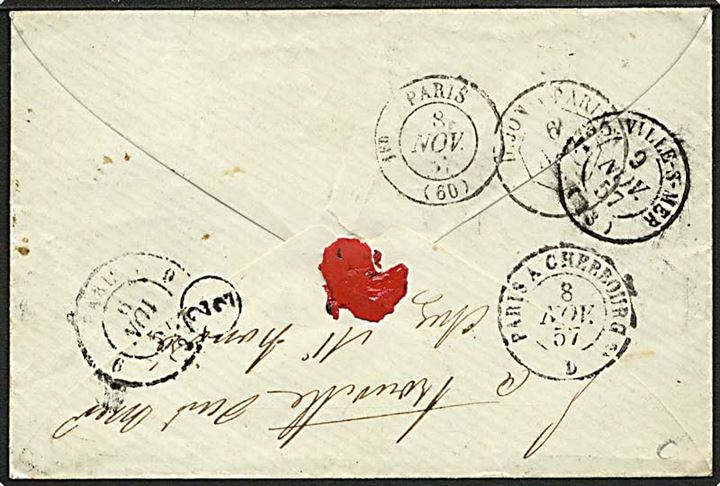 20 c. Napoleon III utakket på brev annulleret med nr.stempel 3765 og sidestemplet Cesson d. 6.11.1857 til Paris - eftersendt til Trouville sur Mer.