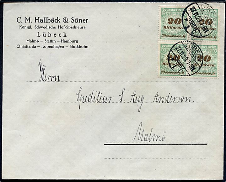20 mia. mk. Infla udg. i fireblok på 4-fach frankeret brev fra Lübeck d. 27.11.1923 til Malmö, Sverige. Korrekt porto: 4 x 4 x 20.000.000.000 mk  = 320.000.000.000 mk. (26.-30.11.1923).  