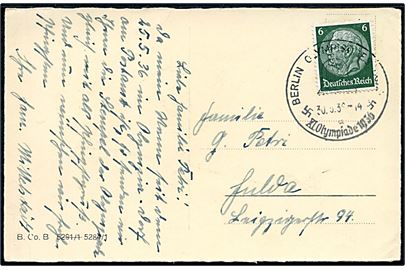 6 pfg. Hindenburg på brevkort annulleret Berlin Olympisches Dorf XI Olympiade 1936 d. 30.5.1936 til Fulda.