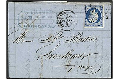20 c. Napoleon III utakket på brev fra Bordeaux d. 28.1.1857 til Lavelanet