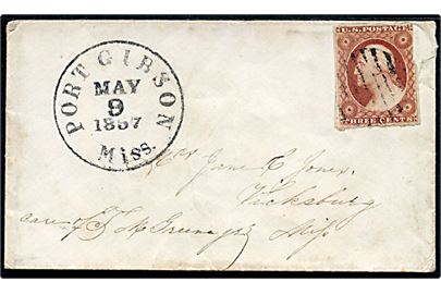 3 cents Washington (beklippet) på brev annulleret med stumt stempel og sidestemplet Port Gibson Miss. d. 9.5.1857 til Vicksburg, Miss.