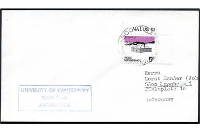 Ross Dependency. 5 c. på brev stemplet Scott Base Ross Dependency d. 23.12.1971 og sidestemplet University of Canterbury Cape Bird Antarctica til Mannheim, Tyskland.