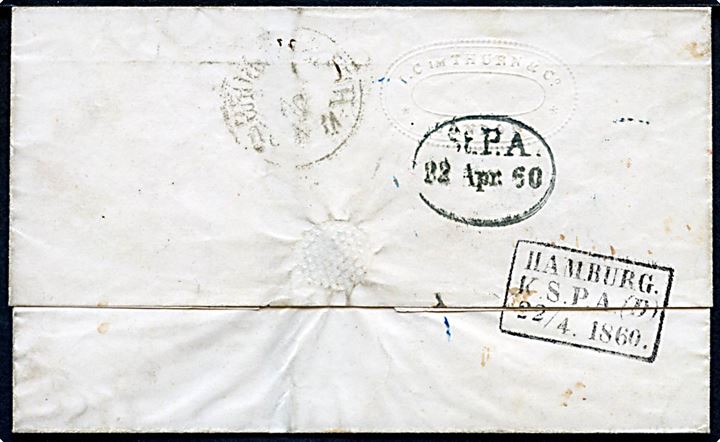 1860. Portobrev påskrevet via Ostend fra London d. 19.4.1860 via Hamburg Stadt Postamt og det svenske postkontor Hamburg K.S.P.A. (D) d. 22.4.1860 til Norrköping, Sverige.