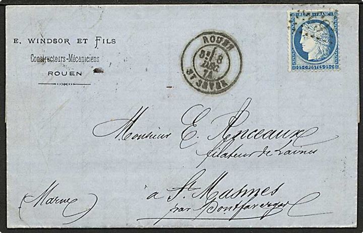 25 c. Ceres på brev fra Rouen d. 8.12.1871 til St. Masmes par Pont Faverger.