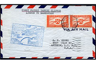1$75 Luftpost i parstykke på 1.-flyvningskuvert med Pan American Airways Yankee Clipper fra Lissabon d. 22.5.1939 via Marseille, Frankrig til Astoria, USA.