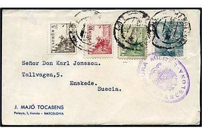 5 cts., 10 cts., 15 cts. Rytter og 40 cts. Franco på brev fra Barcelona 1939 til Enskede, Sverige. Lokal spansk censur fra Barcelona.