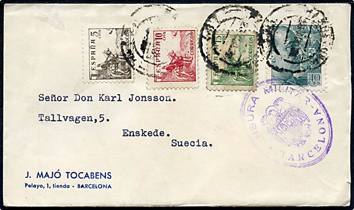 5 cts., 10 cts., 15 cts. Rytter og 40 cts. Franco på brev fra Barcelona 1939 til Enskede, Sverige. Lokal spansk censur fra Barcelona.