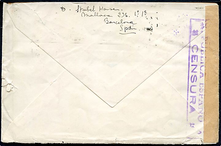 30 cts. i parstykke på brev fra Barcelona 193? til Norrköping, Sverige. Åbnet af lokal spansk censur i Barcelona.