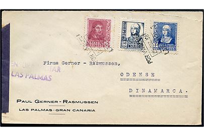 25 cts., 50 cts. og 1 pta. på brev fra Las Palmas, Gran Canaria d. 25.12.1938 til Odense, Danmark. Åbnet af lokal spansk censur i Las Palmas.