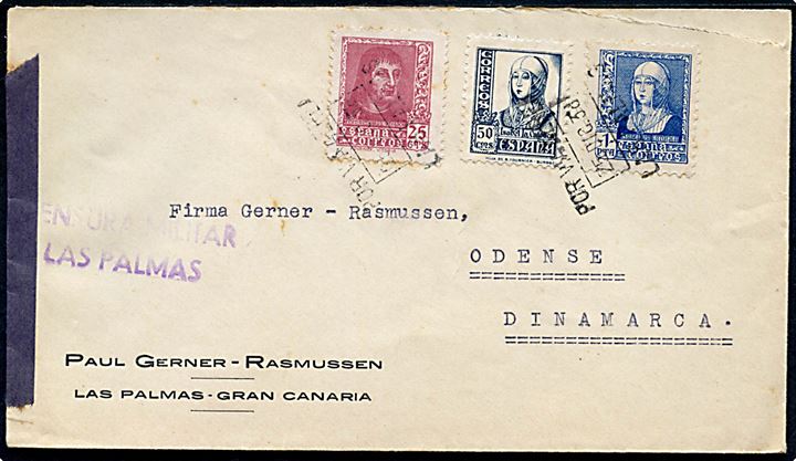 25 cts., 50 cts. og 1 pta. på brev fra Las Palmas, Gran Canaria d. 25.12.1938 til Odense, Danmark. Åbnet af lokal spansk censur i Las Palmas.
