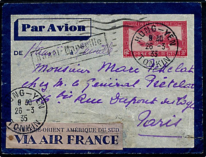 36 c. Luftpost helsagskuvert fra Hung-Yen Tonkin d. 26.3.1935 til Paris, Frankrig. Rammestempel: Hanoi - Marseille.