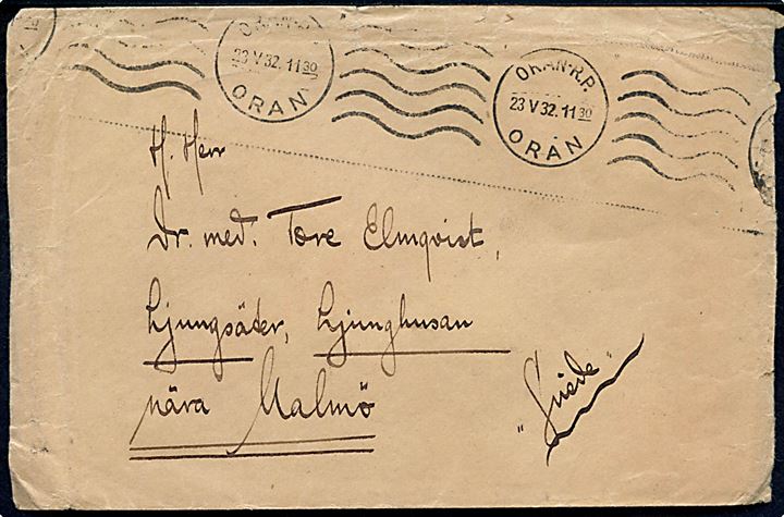 Algerie 50 c. i 3-stribe på bagsiden af brev fra svensk legionær no. 33372 Holger Karlsson i 1. Regiment Etranger i Saida annulleret Oran d. 23.5.1932 til Ljunghusan pr. Malmö, Sverige.