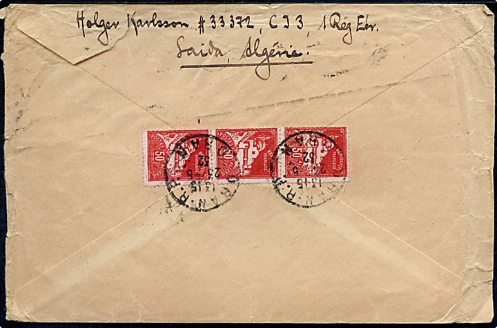 Algerie 50 c. i 3-stribe på bagsiden af brev fra svensk legionær no. 33372 Holger Karlsson i 1. Regiment Etranger i Saida annulleret Oran d. 23.5.1932 til Ljunghusan pr. Malmö, Sverige.