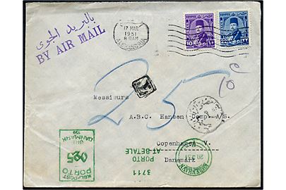 10 mills og 22 mills på underfrankeret brev fra Alexandria d. 17.3.1951 til København, Danmark. Udtakseret i porto med 25 øre grønt portomaskinstempel fra København V. d. 20.3.1951.