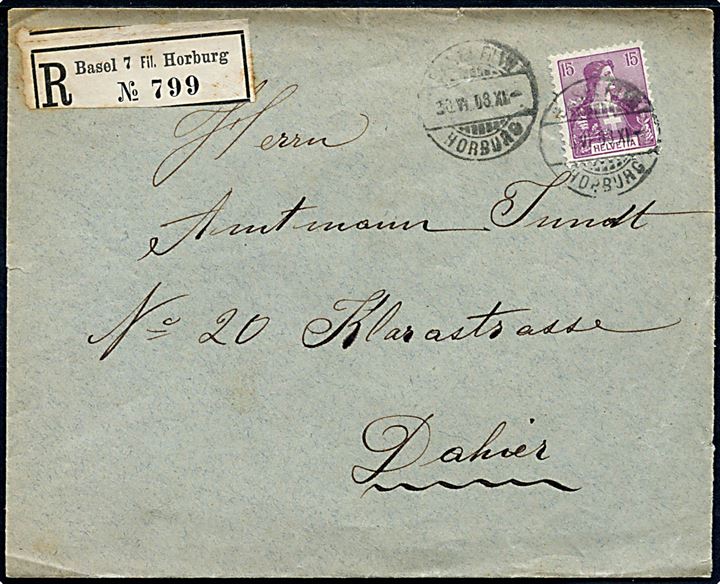 15 c. Helvetia single på anbefalet lokalbrev i Basel d. 30.6.1908.
