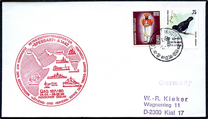 Blandingsfrankeret filatelistisk brev fra Colombo 1980 fra den tyske flådetanker Spessart (A1442) under togt til det Indiske Ocean i 1980. 