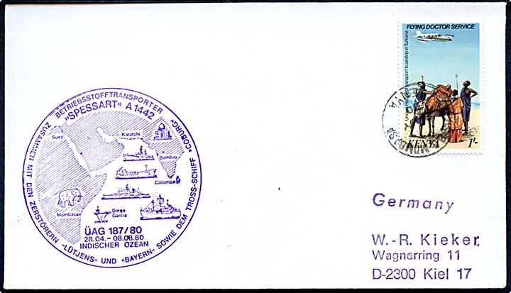 1 sh. Flying Doctor på filatelistisk brev fra Mombassa d. 8.7.1980 fra den tyske flådetanker Spessart (A1442) under togt til det Indiske Ocean i 1980. 