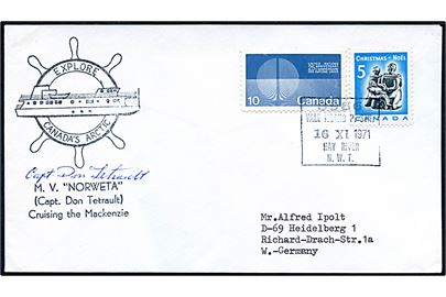 15 c. blandingsfrankeret filatelistisk kuvert annulleret Vale Island P Stn. Hay River N.W.T. d. 16.11.1971 og sidestemplet Explore Canada's Arctic M.V. Norweta til Heidelberg, Tyskland.
