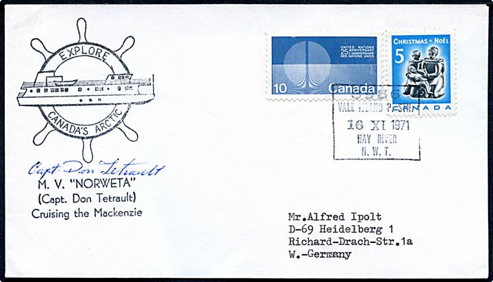 15 c. blandingsfrankeret filatelistisk kuvert annulleret Vale Island P Stn. Hay River N.W.T. d. 16.11.1971 og sidestemplet Explore Canada's Arctic M.V. Norweta til Heidelberg, Tyskland.
