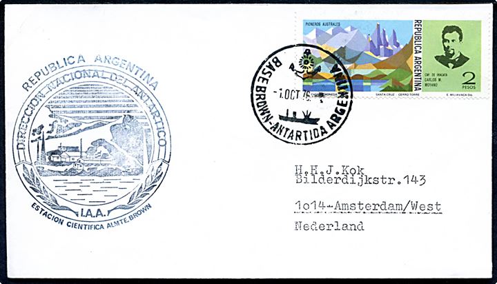 2 p. på brev annulleret Base Brown - Antartida Argentina d. 1.10.1976 og sidestemplet Estación Científica Almirante Brown til Amsterdam, Holland.
