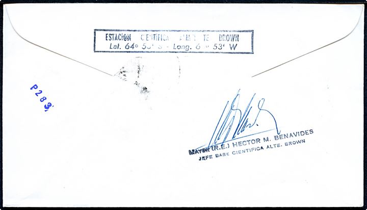 2 p. på brev annulleret Base Brown - Antartida Argentina d. 1.10.1976 og sidestemplet Estación Científica Almirante Brown til Amsterdam, Holland.