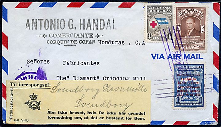 Blandingsfrankeret luftpostbrev fra Croquin d. 19.1.1952 til København, Danmark - forespurgt i Svensborg med gul etiket Til Forespørgsel P.4007 (4-49) fra Returpostkontoret.
