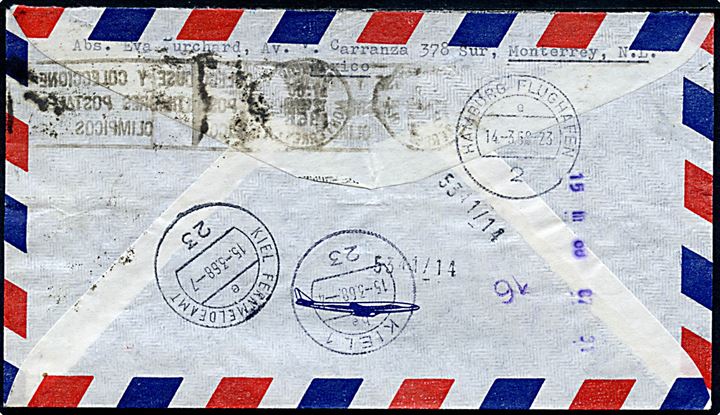 $1,20 og $2.00 Luftpost på luftpost ekspresbrev fra Monterrey d. 12.3.1968 til Kiel, Tyskland. På bagsiden transit stempler fra både Hamburg Flughafen og Kiel Fernmeldeamt.  