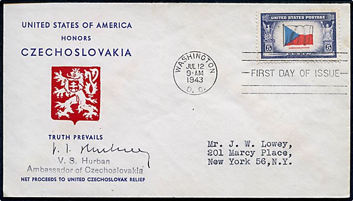 5 cents Tjekkoslovakiet Overrun Countries udg. på FDC fra Washington d. 12.7.1943 til New York. Signeret af den tjekkiske ambassadør V. S. Hurban