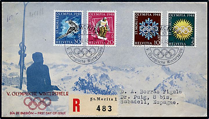 Komplet sæt Vinter olympiade 1948 på illustreret anbefalet kuvert annulleret med særstempel ved åbningen af de v. olympiske Vinterlege i St. Moritz d. 30.1.1948 til Sabadell, Spanien.