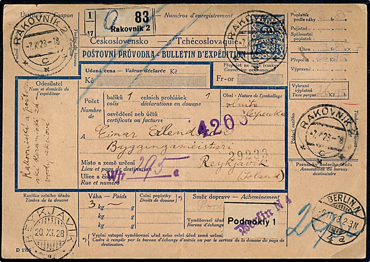 50 h. helsags internationalt adressekort for pakke fra Rakovnik d. 7.11.1928 via Dresden, Berlin, København til Reykjavik, Island. Ank.stemplet i Reykjavik d. 20.11.1928.