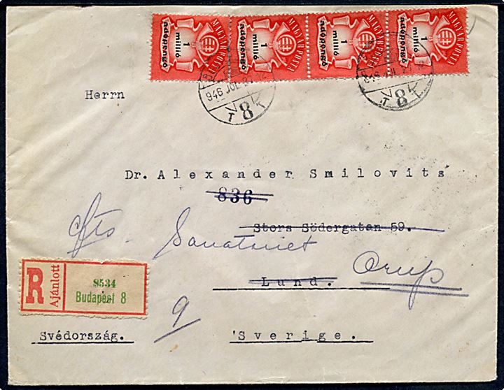 1 mio (4) og 50.000 (10) Infla udg. på for- og bagside af anbefalet brev fra Budapest d. 27.7.1946 til Lund, Sverige - eftersendt.