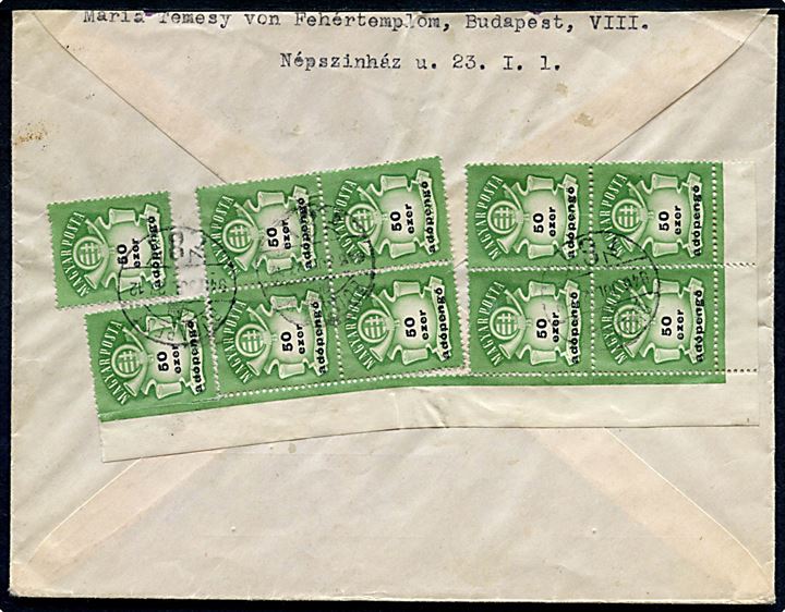 1 mio (4) og 50.000 (10) Infla udg. på for- og bagside af anbefalet brev fra Budapest d. 27.7.1946 til Lund, Sverige - eftersendt.