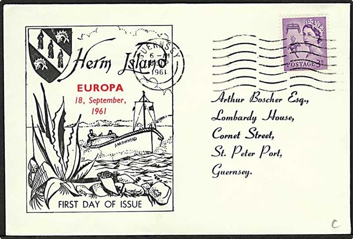 Herm Island. Komplet sæt Europa provisorier på bagsiden af FDC annulleret Herm Island d. 18.9.1961.
