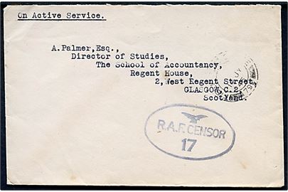 Ufrankeret OAS feltpostbrev fra Royal Air Force c/o B.L.A. stemplet Field Post Office 792 d. 11.7.1945 til Glasgow, Scotland. Ovalt RAF censur no. 17.