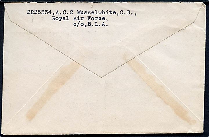 Ufrankeret OAS feltpostbrev fra Royal Air Force c/o B.L.A. stemplet Field Post Office 792 d. 11.7.1945 til Glasgow, Scotland. Ovalt RAF censur no. 17.