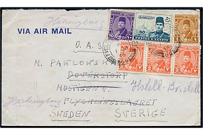 Egyptisk 67 mills frankeret luftpostbrev annulleret med britisk feltpoststempel Field Post Office 66 (= Moascar, Egypten) d. 1.12.1946 til Flygtningslägret Doverstorp, Sverige - eftersendt til Hotel Bristol i Helsingborg. Sendt fra jødisk Driver Ben-Zev PAL/32304 ved No. 5 (Q) BESD, M.E.F. 