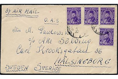 54 mills frankeret OAS luftpostbrev annulleret med svagt stempel Egypt Postage Prepaid i 1946 til Helsingborg, Sverige. Sendt fra jødisk soldat Driver Ben-Zev PAL/32304 ved No. 5 (Q) BESD. M.E.F.