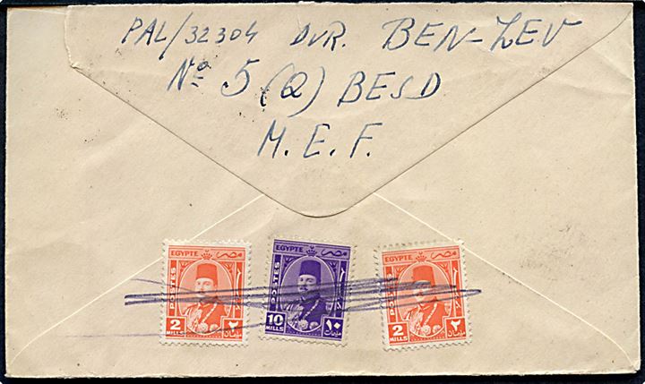 54 mills frankeret OAS luftpostbrev annulleret med svagt stempel Egypt Postage Prepaid i 1946 til Helsingborg, Sverige. Sendt fra jødisk soldat Driver Ben-Zev PAL/32304 ved No. 5 (Q) BESD. M.E.F.