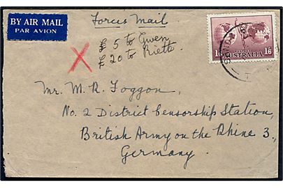 1'6 sh. UPU single på luftpostbrev påskrevet Forces Mail fra Sandy Bay Tasmania d. 1?.?.1947 til No. 2. District Censorship Station, BAOR 3 i Tyskland. Ank.stemplet i Berlin d. 25.11.1947 og ved britisk feltpost med Field Post Office 737 (= Berlin) d. 27.11.1947.