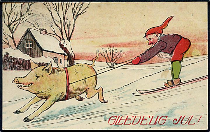 Tegnet (uden signatur) julekort med nisse der står på ski, trukket af gris. U/no. 