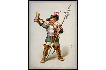 Kartonkort (8x12 cm). Musketer med Øl, Kølle og lance! U/no.