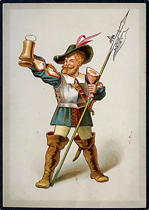 Kartonkort (8x12 cm). Musketer med Øl, Kølle og lance! U/no.