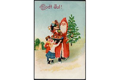 Julemand i rød købe deler gaver ud til 2 børn. Serie 1.